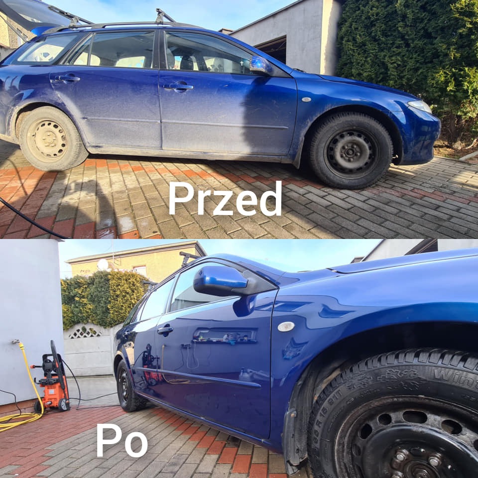 Zdjęcie przedstawia porównanie stanu samochodu przed i po umyciu. Górna połowa ukazuje brudny, niebieski samochód typu kombi, dolna połowa prezentuje ten sam samochód po umyciu, z widoczną myjką...