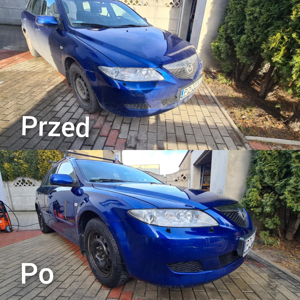Niebieskie kombi Mazda 6, widok z przodu, porównanie przed i po czyszczeniu, z wyraźną różnicą w połysku lakieru i czystości felg stalowych.