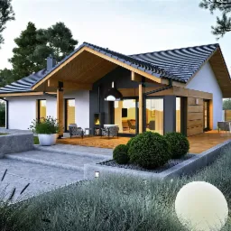 Wizualizacja parterowego domu z drewnianą elewacją, tarasem z paleniskiem i oświetleniem ogrodowym, otoczonego zielenią.