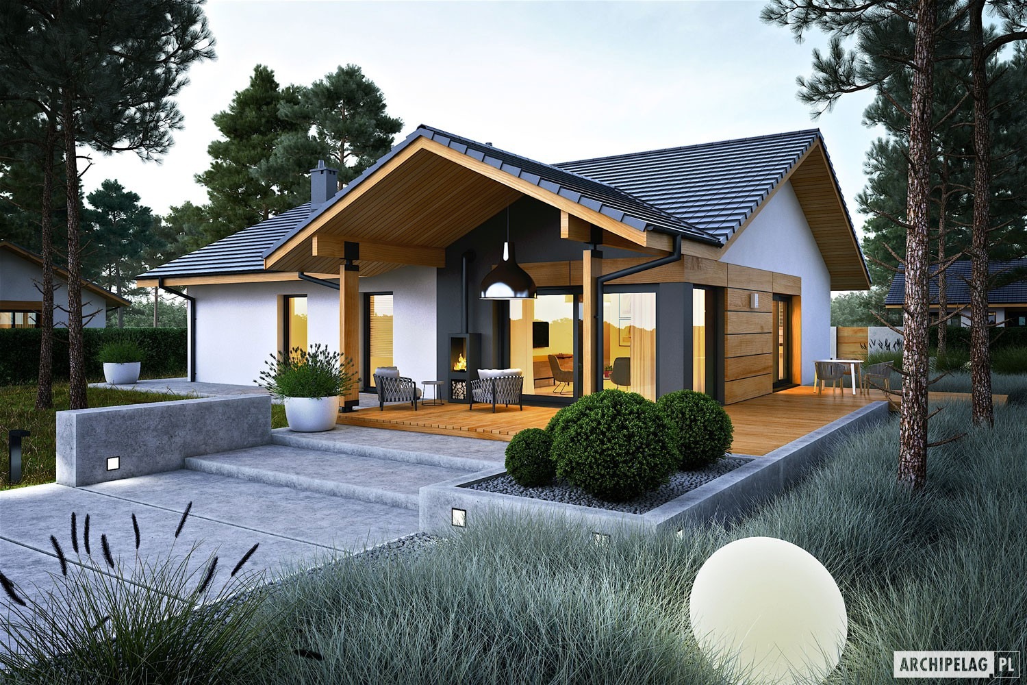 Wizualizacja parterowego domu z drewnianą elewacją, tarasem z paleniskiem i oświetleniem ogrodowym, otoczonego zielenią.