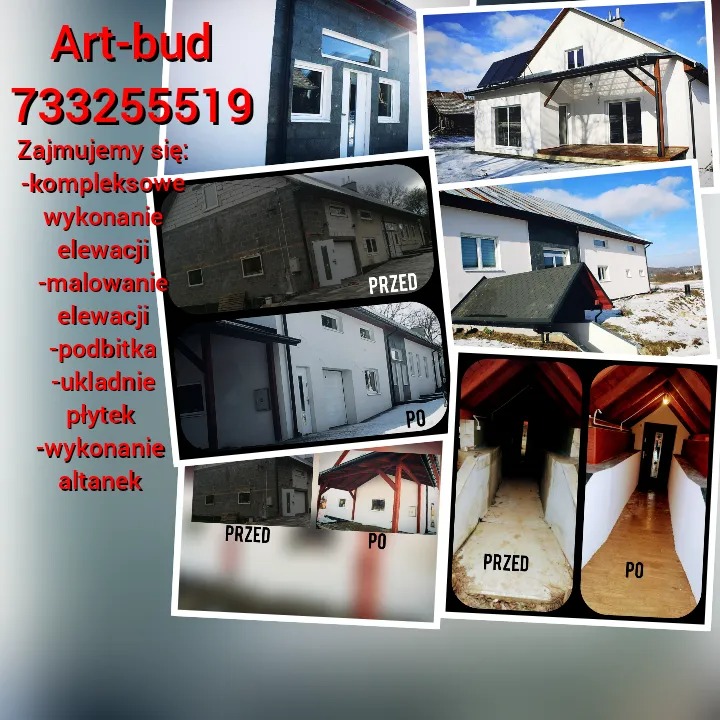 Kolaż zdjęć przedstawiających elewacje budynków przed i po renowacji, z widocznym logo firmy 'Art-bud' i numerem telefonu, prezentujący zakres usług: kompleksowe wykonanie elewacji, malowanie...