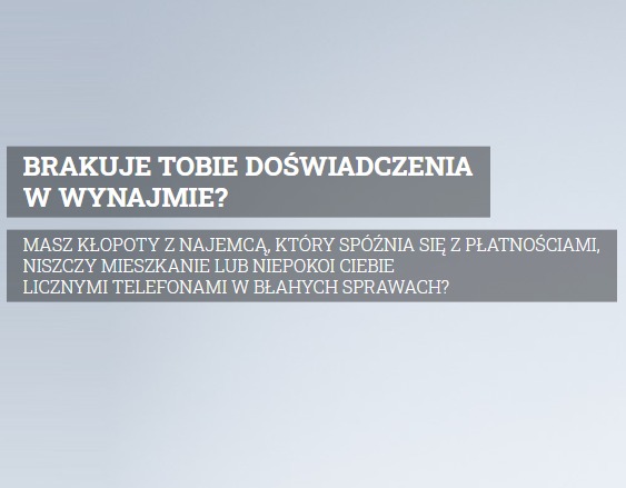 Grafika z pytaniami o brak doświadczenia w wynajmie i problemy z najemcami w Poznaniu, takie jak opóźnienia w płatnościach, niszczenie mieszkania lub częste telefony w błahych sprawach.