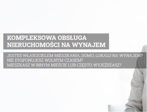 Tekst na białym tle z szarymi blokami informacyjnymi: Kompleksowa obsługa nieruchomości na wynajem. Pytania skierowane do właścicieli mieszkań, domów i lokali na wynajem, którzy nie dysponują...