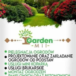 Grafika reklamowa firmy ogrodniczej Garden-Mil z widokiem na zadbany trawnik i kwitnące krzewy w tle, prezentująca ofertę usług: pielęgnacja, projektowanie ogrodów, usługi mini koparką, usługi...