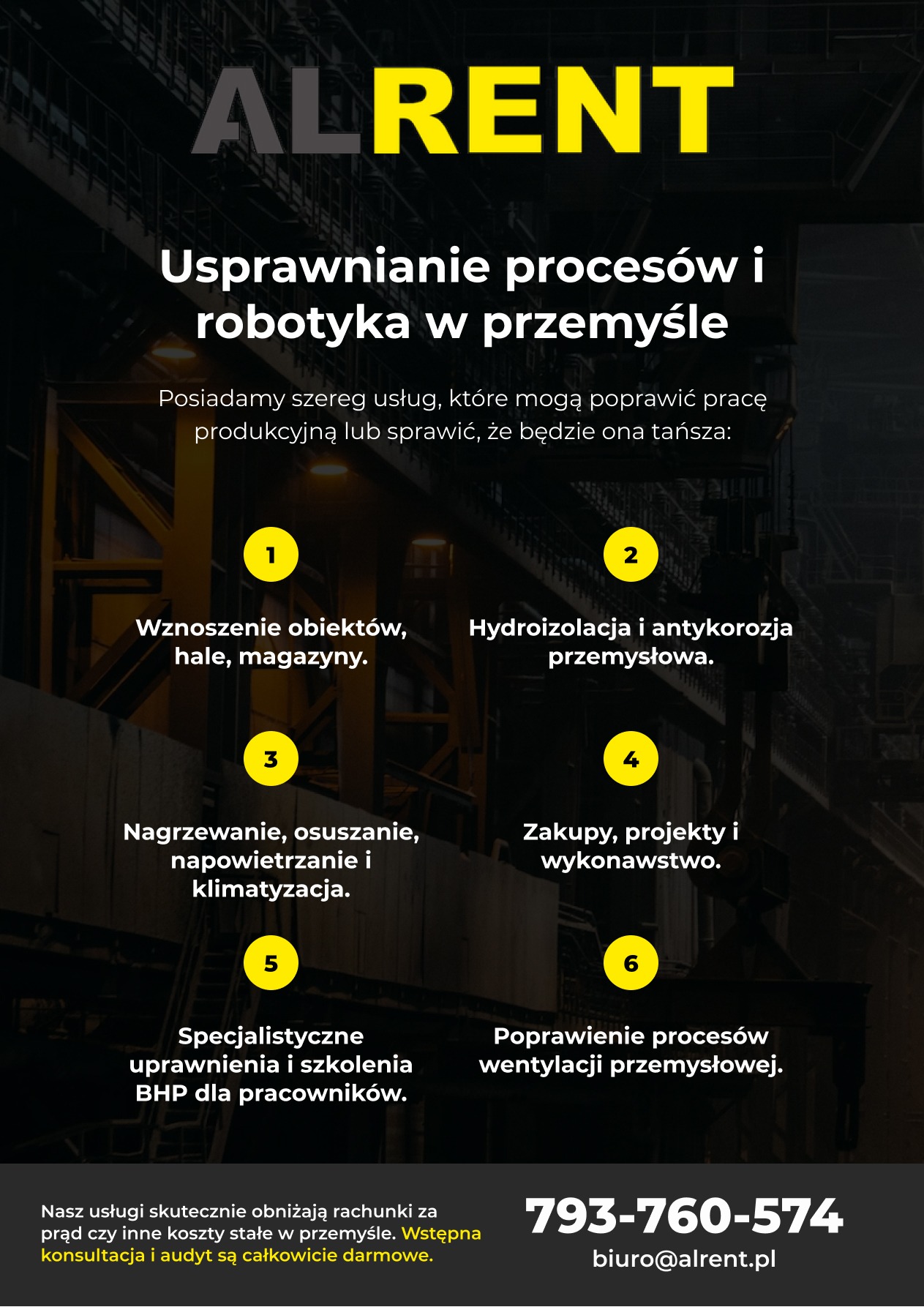 Grafika reklamowa firmy ALRENT oferującej usługi usprawniania procesów i robotyki w przemyśle, z wyliczeniem sześciu głównych obszarów działalności: wznoszenie obiektów, hydroizolacja...
