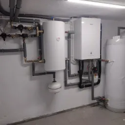 Białe zbiorniki i szare rury instalacji grzewczej w piwnicy, widoczne zawory, pompy obiegowe, naczynie przeponowe, całość oświetlona jarzeniówką.