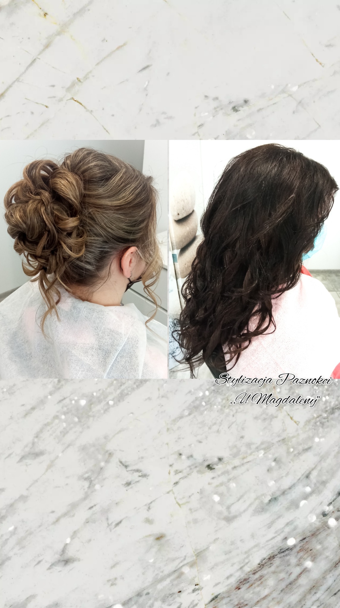 Dwa ujęcia z tyłu głowy: po lewej upięcie z jasnych włosów w kok, po prawej ciemne, pofalowane włosy, obie klientki w maseczkach i pelerynach fryzjerskich.