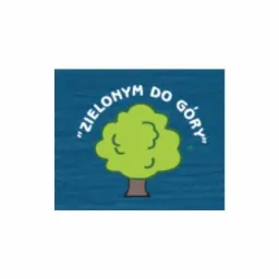 Ilustracja drzewa z napisem 'Zielonym do góry' na niebieskim tle.