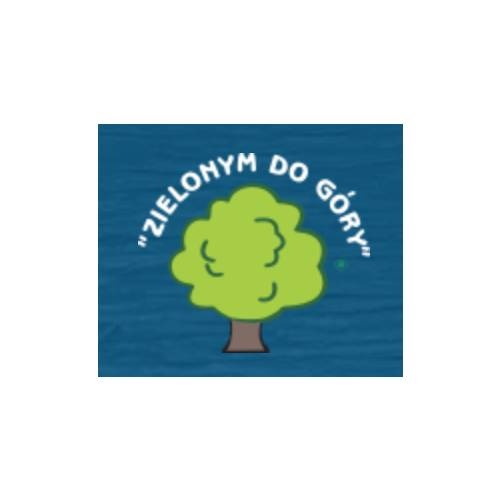 Ilustracja drzewa z napisem 'Zielonym do góry' na niebieskim tle.