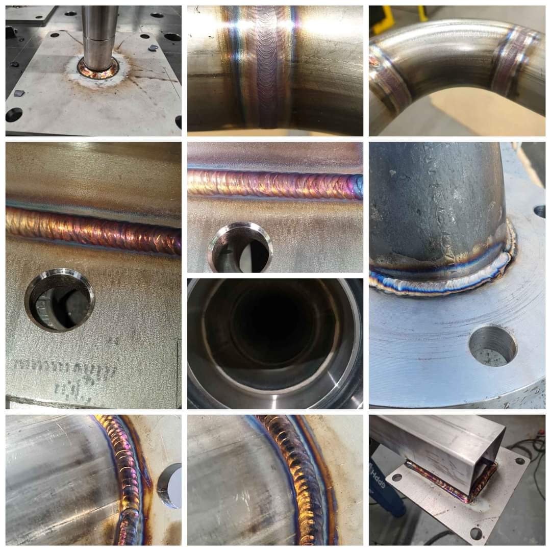 Kolaż detali spoin na metalowych elementach, widoczne tęczowe przebarwienia po spawaniu, różne kąty ujęć i typy połączeń.