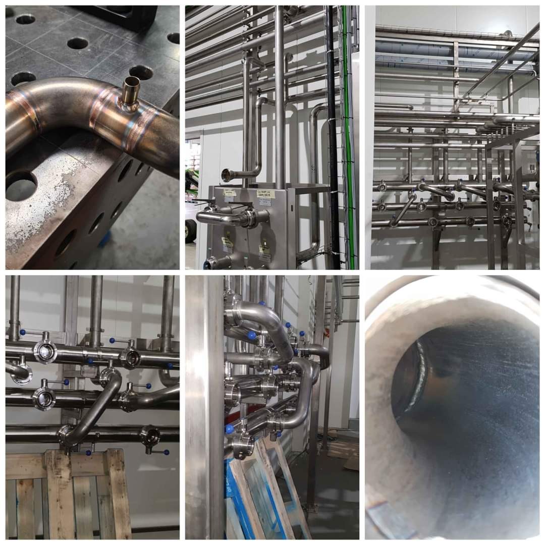 Zespawany, nierdzewny element rurowy na stole spawalniczym w Zawierciu, oraz instalacja rurociągów ze stali nierdzewnej w hali produkcyjnej.