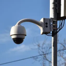 Kamera obrotowa marki Bosch zamontowana na metalowym słupie, widoczne przewody i puszka instalacyjna na tle błękitnego nieba.