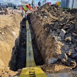 Wykop w ziemi z widoczną żółtą taśmą ostrzegawczą z napisem 'GAZ', robotnik w kamizelce odblaskowej układa taśmę, w tle ruch uliczny i piesi.