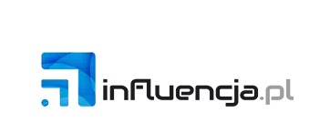 Logo firmy Influencja.pl z niebieskim kwadratem z zaokrąglonym rogiem i abstrakcyjnym symbolem strzałki oraz czarnym napisem nazwy firmy z szarym rozszerzeniem domeny .pl