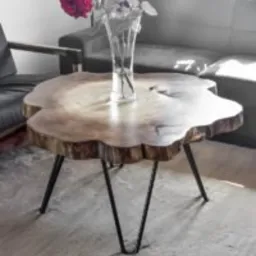 Stolik kawowy z blatem z naturalnego drewna o nieregularnym kształcie, wsparty na trzech czarnych, metalowych nogach typu hairpin, w tle szara sofa i wazon z czerwonymi różami.