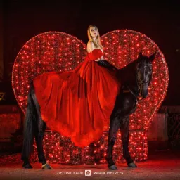 Blondwłosa kobieta w czerwonej sukni siedzi na czarnym koniu, na tle dużego, świecącego czerwonego serca.