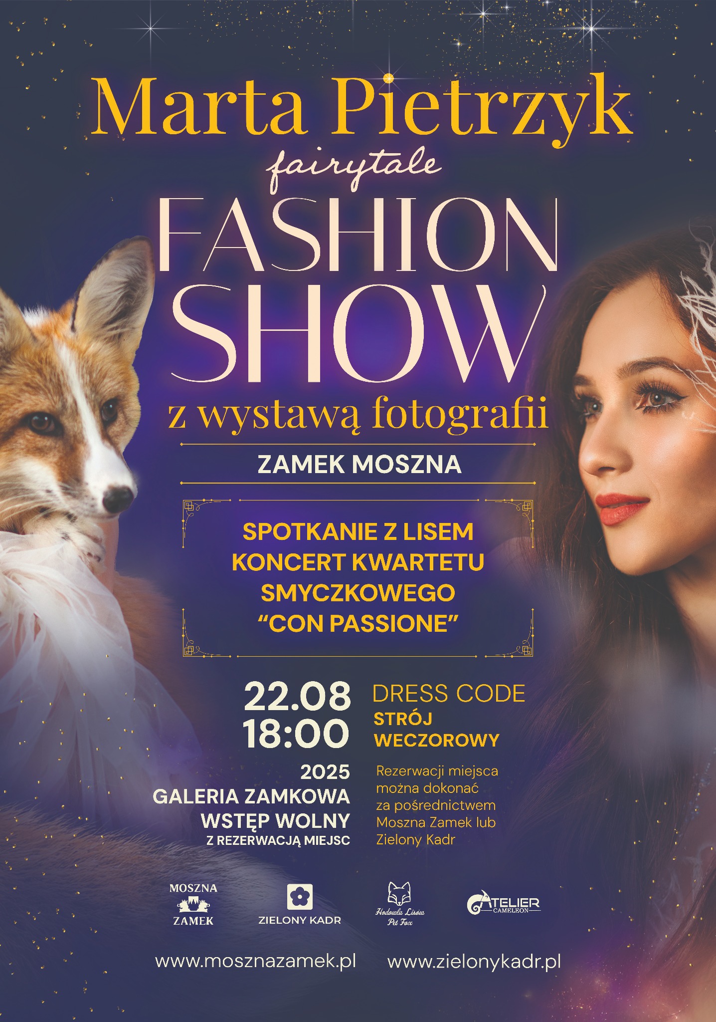 Plakat Fashion Show Marty Pietrzyk z lisem i portretem kobiety, informacjami o wydarzeniu w Zamku Moszna, wystawie fotografii i koncercie kwartetu smyczkowego.