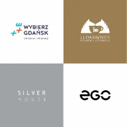 Kompozycja czterech różnych logotypów: 'Wybierz Gdańsk', 'J.J. Darboven Akademia Jeździecka', 'Silver House' oraz stylizowane 'ego', zaprezentowanych na podzielonym na cztery pola tle.