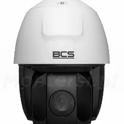 Kamera obrotowa PTZ marki BCS, biało-czarna, z widocznym obiektywem, umieszczona na białym tle.