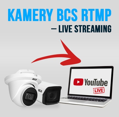 Grafika przedstawiająca dwie kamery BCS skierowane w stronę laptopa z otwartym YouTube Live, połączone czerwoną strzałką, sugerująca transmisję na żywo.