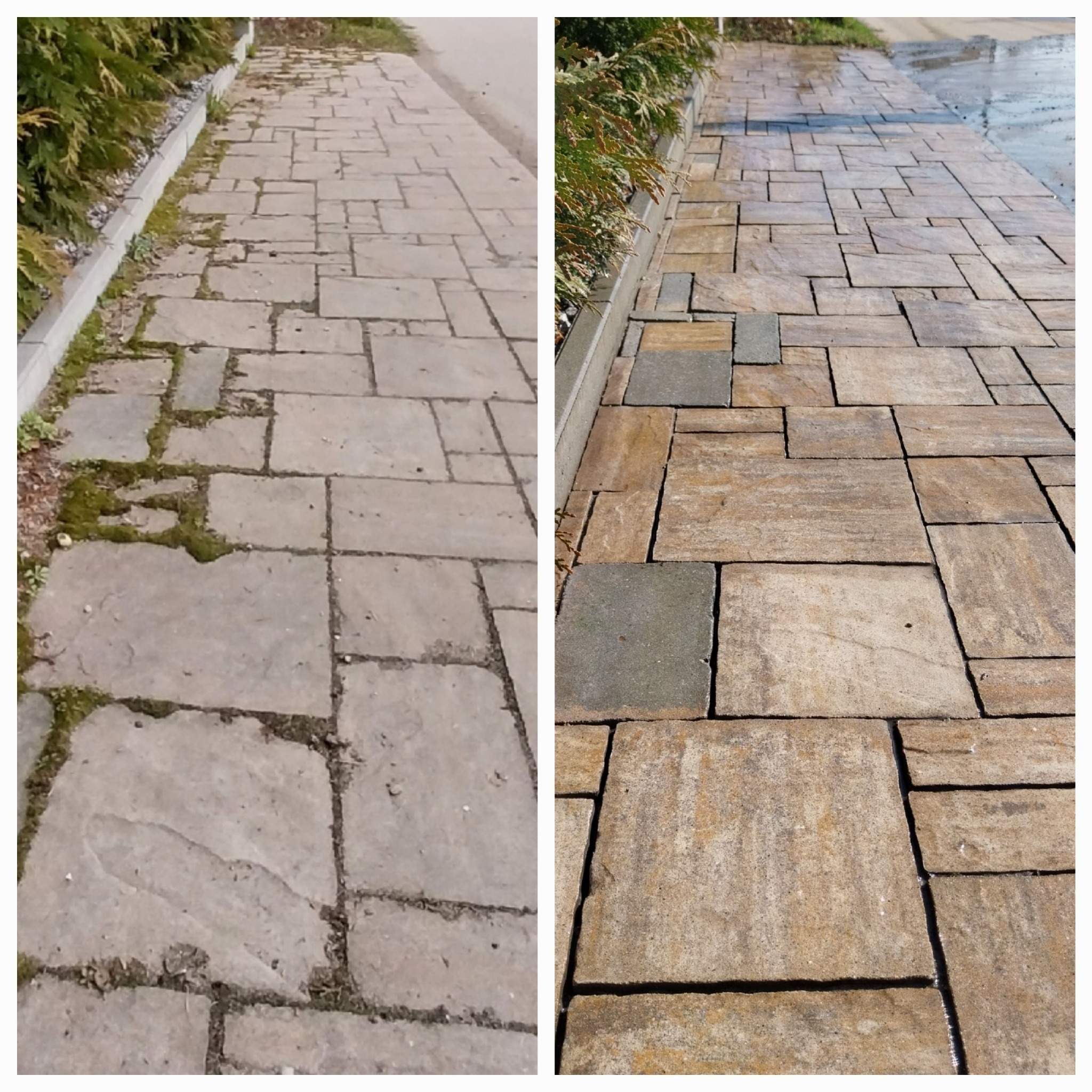 Porównanie kostki brukowej przed i po czyszczeniu: po lewej stronie widoczny mech i zabrudzenia, po prawej czysta, mokra powierzchnia z wyraźnym wzorem.