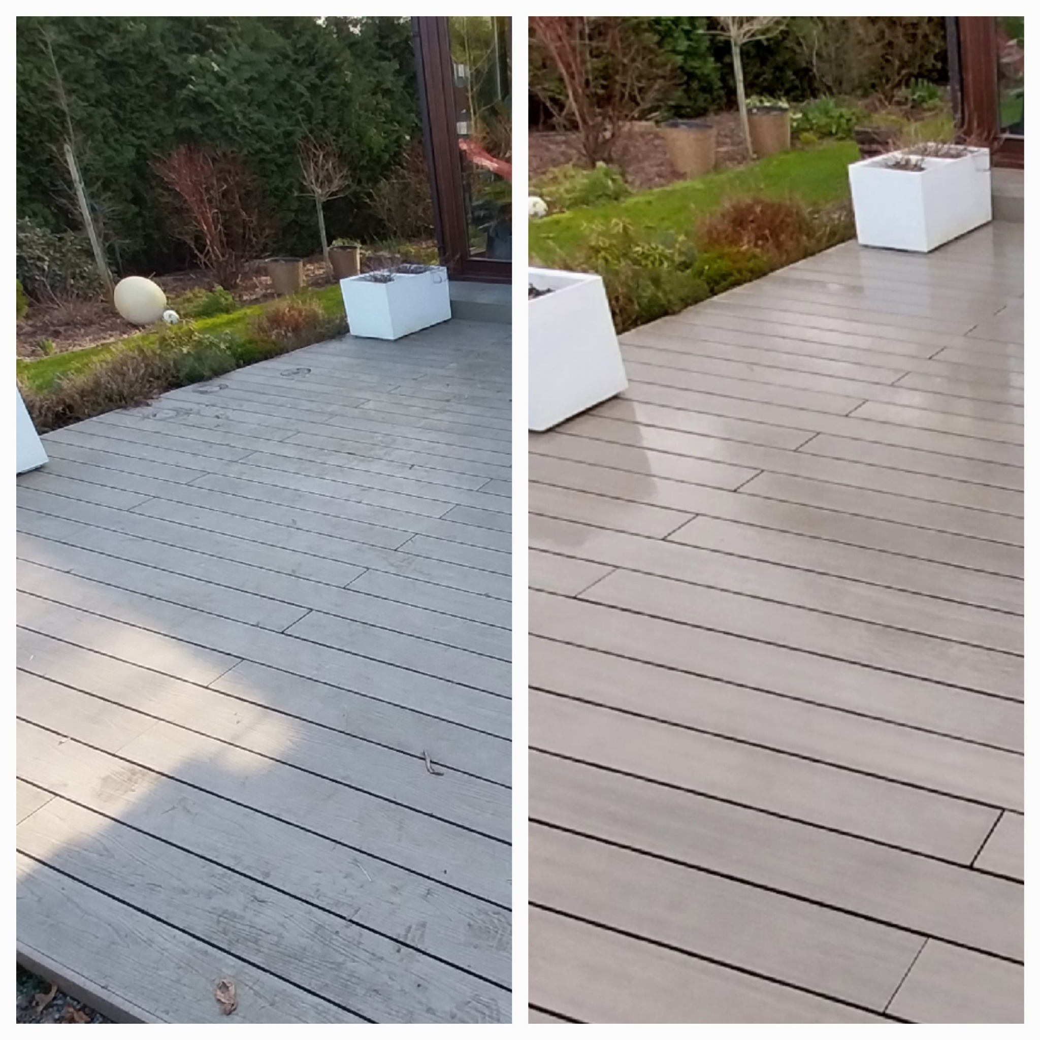 Porównanie stanu drewnianego tarasu przed i po czyszczeniu, widoczne różnice w odcieniu i czystości desek, z białymi donicami i zielenią w tle.