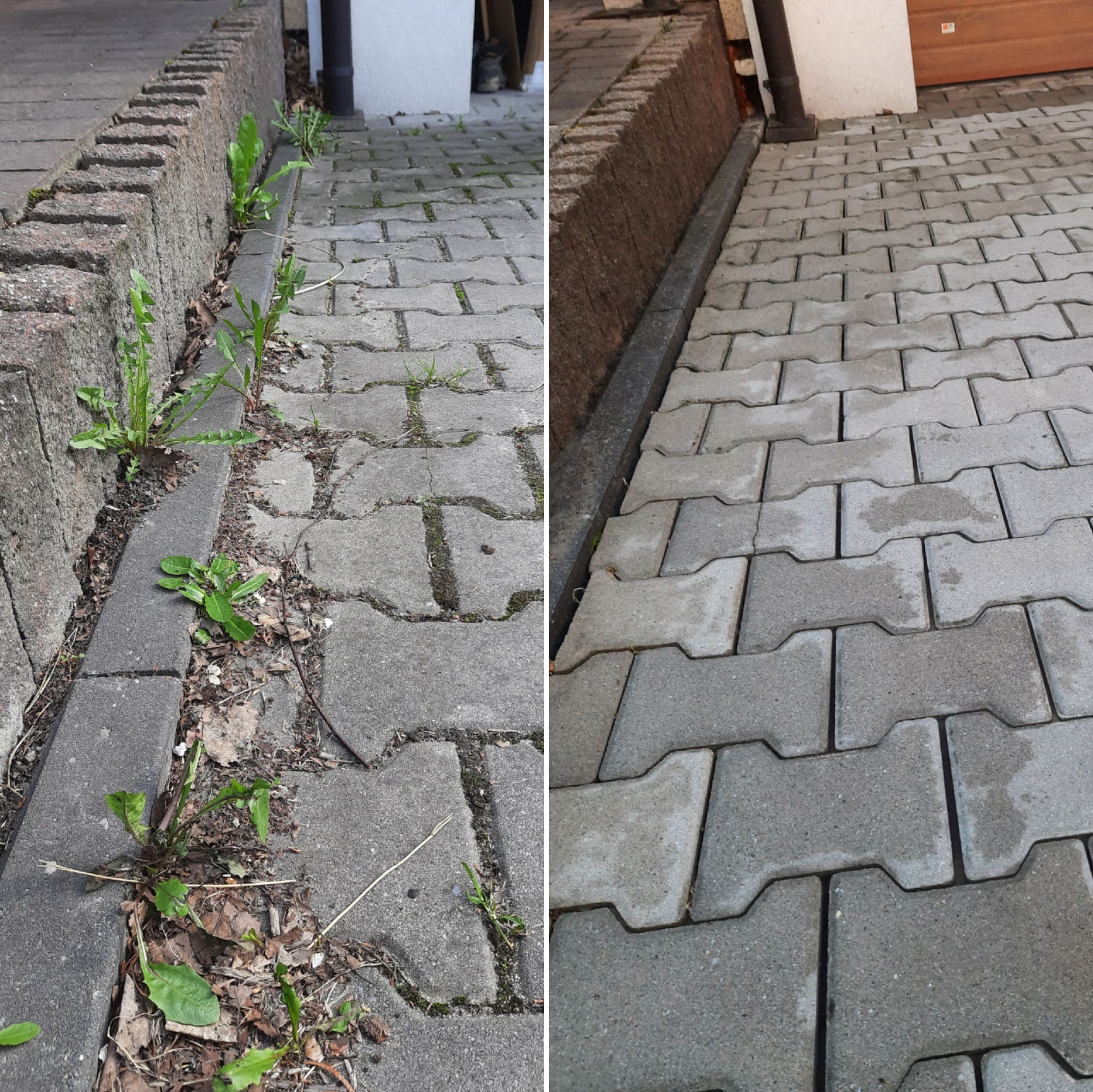 Porównanie stanu kostki brukowej przed i po czyszczeniu: po lewej stronie kostka z chwastami i zabrudzeniami, po prawej czysta i odświeżona powierzchnia.