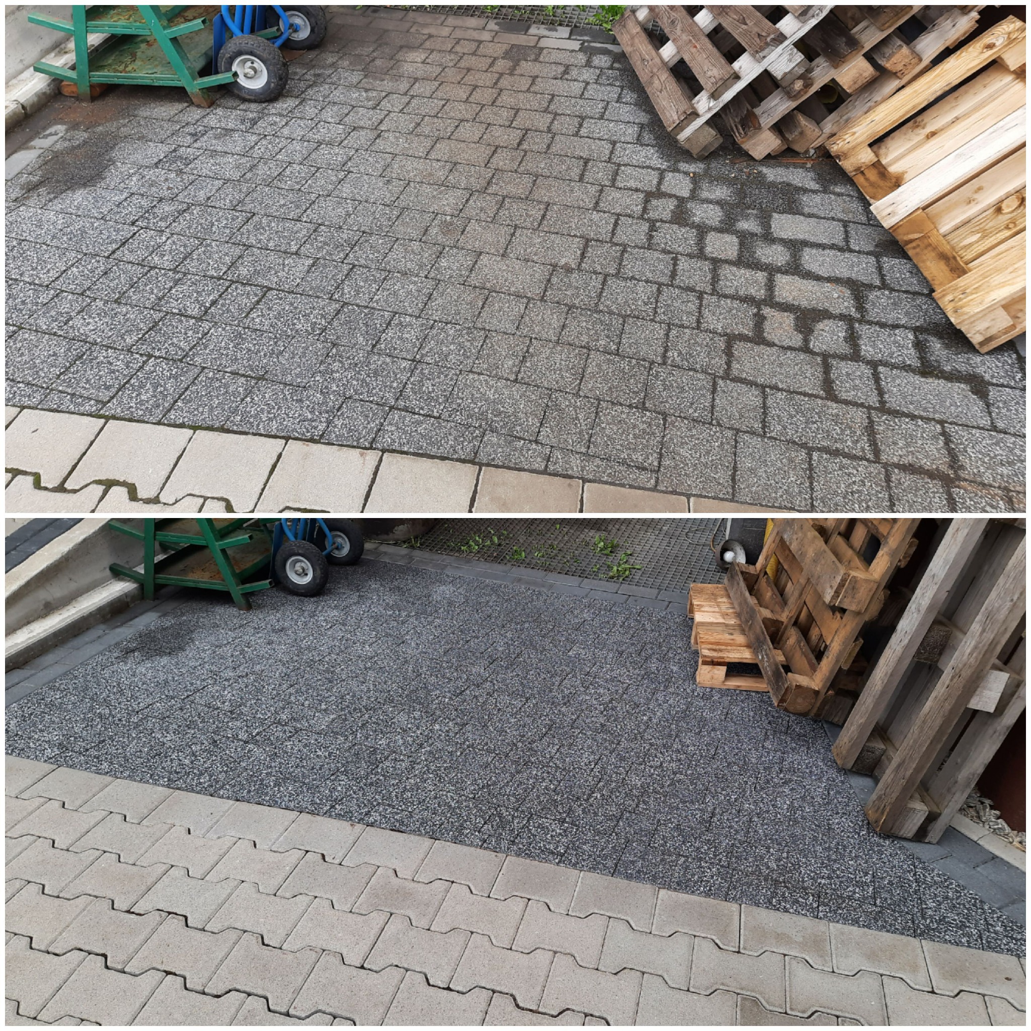 Porównanie stanu kostki brukowej przed i po czyszczeniu: górna część zdjęcia ukazuje mokrą, zabrudzoną powierzchnię, dolna część prezentuje odnowioną, suchą kostkę brukową. W tle widoczne palety...