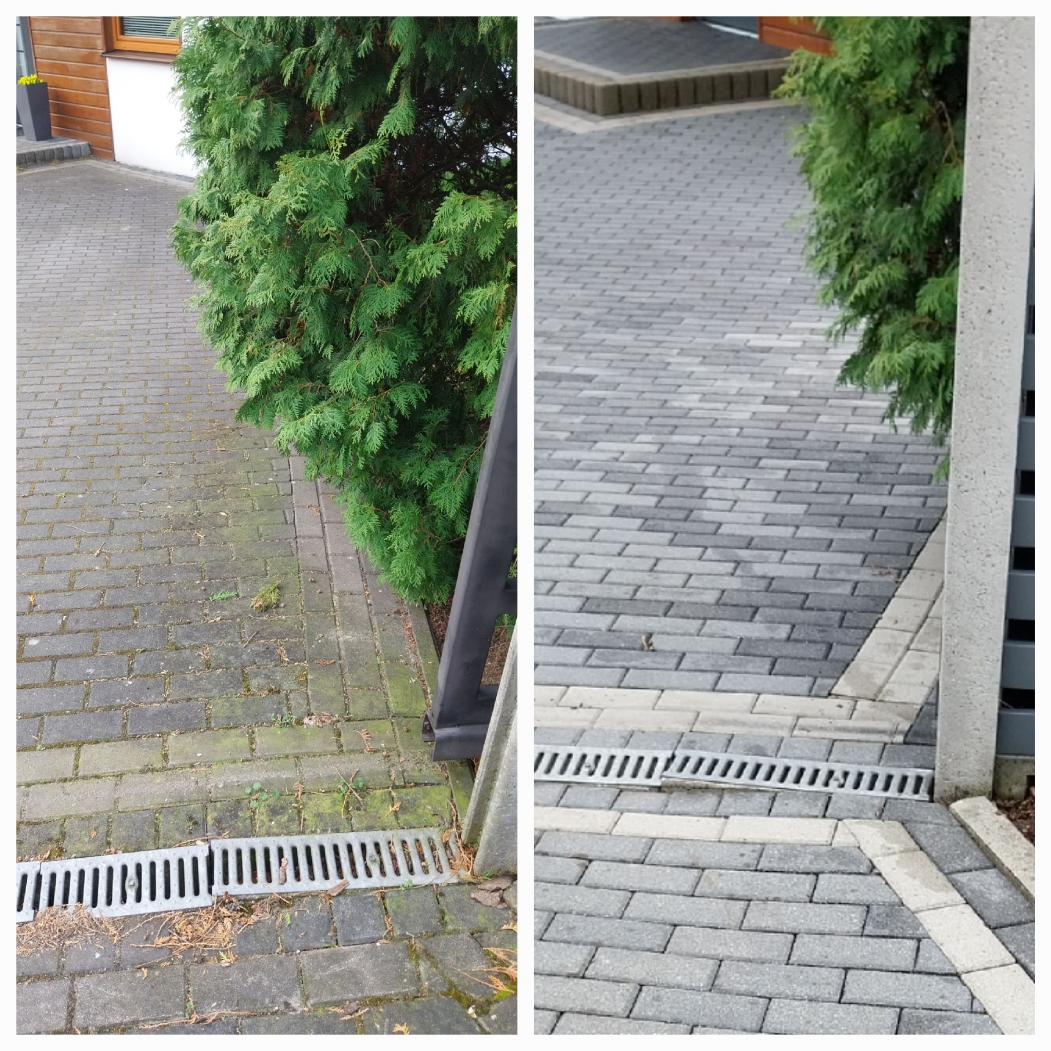 Porównanie kostki brukowej przed i po czyszczeniu, widoczne różnice w kolorze i czystości, zieleń i zanieczyszczenia usunięte.