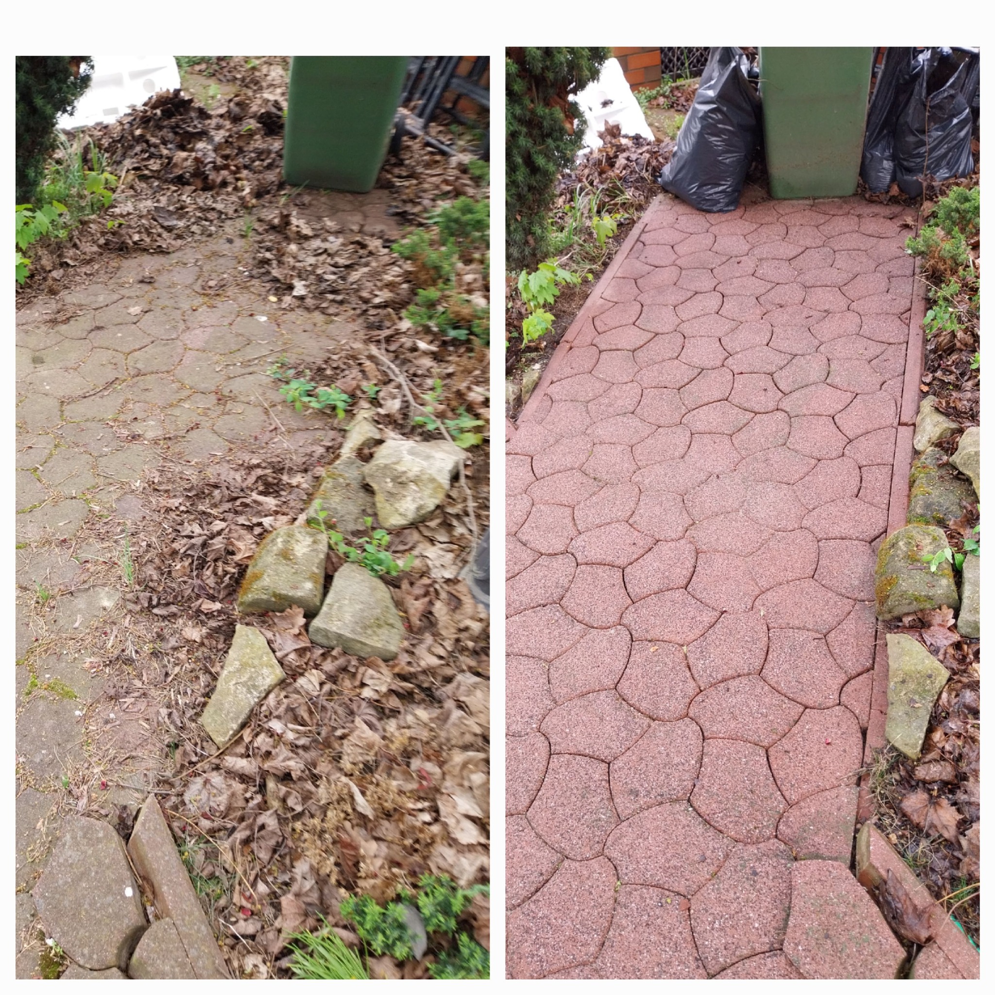 Porównanie stanu kostki brukowej przed i po czyszczeniu: po lewej stronie zabrudzona liśćmi i ziemią, po prawej czysta, czerwona kostka z widocznymi wzorami.