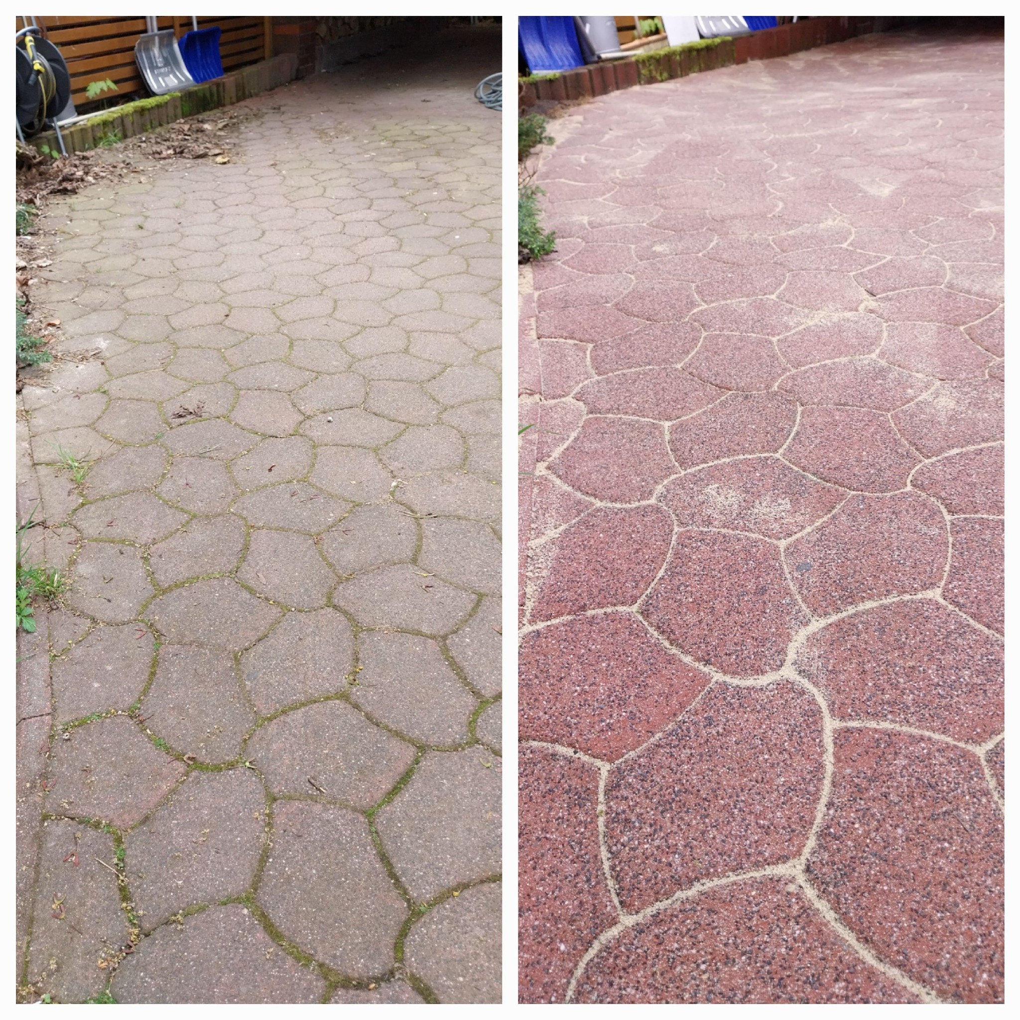 Porównanie kostki brukowej przed i po czyszczeniu: po lewej stronie zabrudzona mchem i liśćmi, po prawej czerwona, czysta kostka z piaskiem w szczelinach.