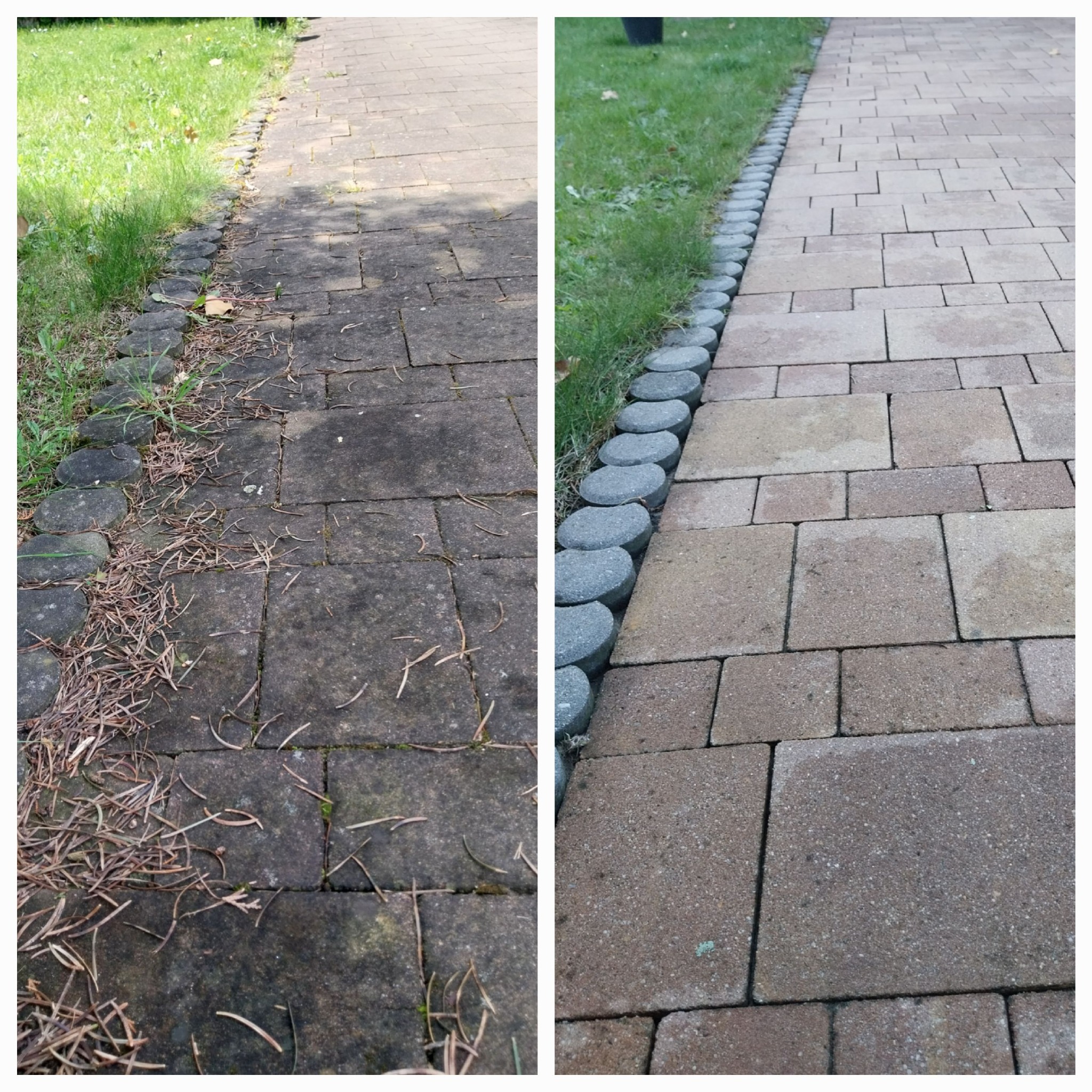 Porównanie stanu kostki brukowej przed i po czyszczeniu w Mikołowie, widoczne zabrudzenia kontra odświeżona nawierzchnia.