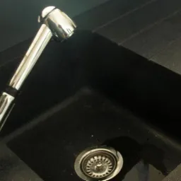 Czarny, granitowy zlew kuchenny z chromowaną baterią z wyciąganą wylewką i odpływem ze stali nierdzewnej.