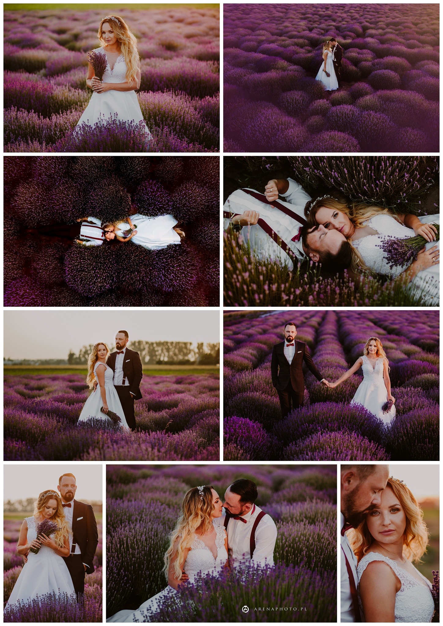 Para młoda w strojach ślubnych pozuje na tle pola lawendy podczas sesji zdjęciowej; różne ujęcia: stojący, leżący, zbliżenia, ujęcia z drona.
