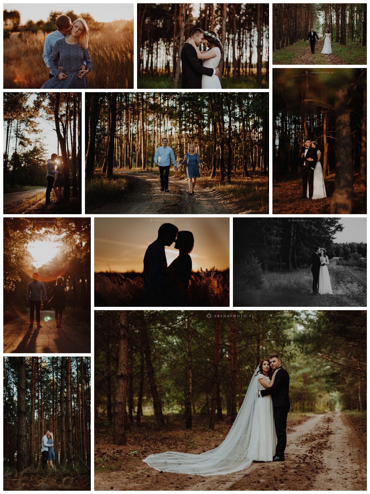 Kolaż zdjęć par w lesie i na łące, uchwyconych w różnych pozach i oświetleniu, od portretów po ujęcia z oddali, w tym czarno-białe i kolorowe.