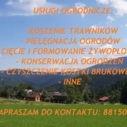 Ogłoszenie usług ogrodniczych na tle krajobrazu górskiego z domami, obejmujące koszenie trawników, pielęgnację ogrodów, cięcie i formowanie żywopłotów, konserwację ogrodzeń i czyszczenie kostki...