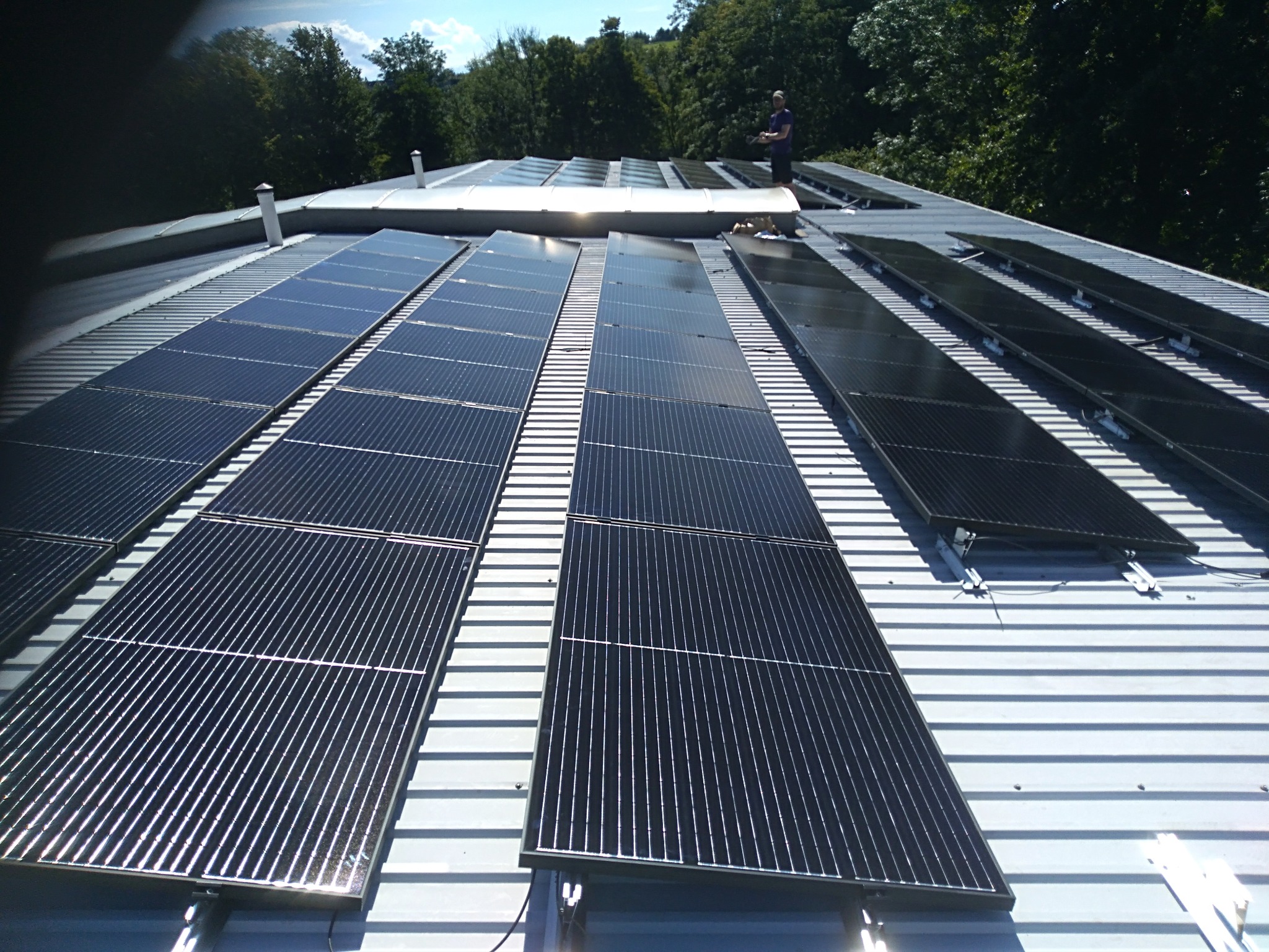Panele słoneczne zamontowane na blaszanym dachu budynku, z widoczną osobą na górze dachu i drzewami w tle.