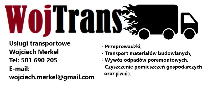 Logo firmy transportowej WojTrans z płomieniami nad sylwetką ciężarówki, oferującej przeprowadzki, transport materiałów budowlanych, wywóz odpadów i czyszczenie pomieszczeń.