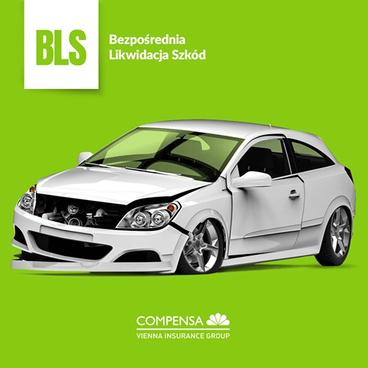 Grafika przedstawia biały samochód po wypadku z widocznymi uszkodzeniami karoserii, na zielonym tle z logo BLS Bezpośrednia Likwidacja Szkód oraz Compensa Vienna Insurance Group.
