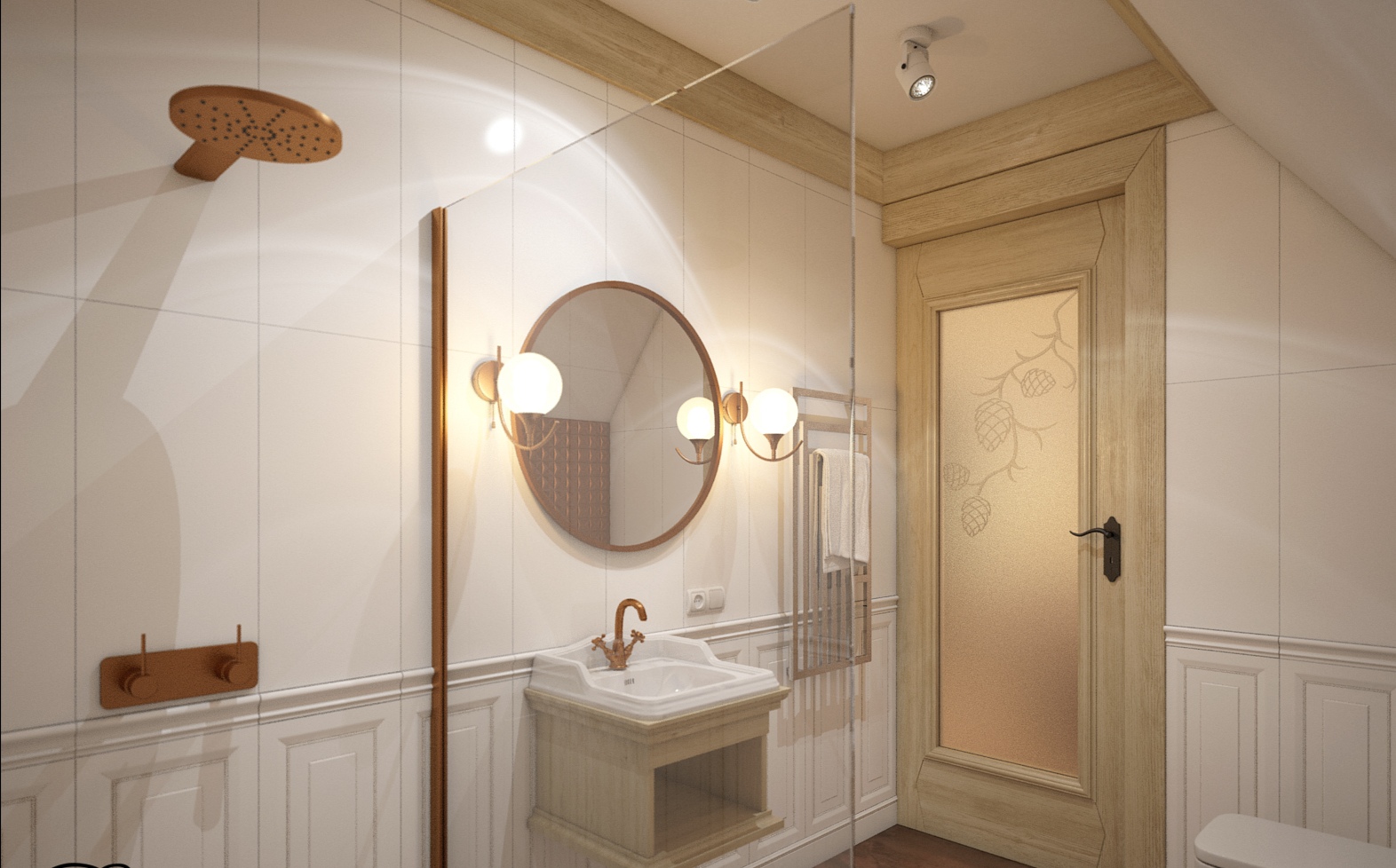 Elegancka łazienka w stylu retro z kabiną prysznicową typu walk-in, okrągłym lustrem z oświetleniem bocznym, umywalką na postumencie z mosiężną armaturą i dekoracyjną szybą drzwi z motywem szyszek.