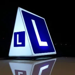 Podświetlony znak 'L' na dachu samochodu szkoły jazdy w Gr&oacute;jcu, widoczny nocą z odbiciem na karoserii.