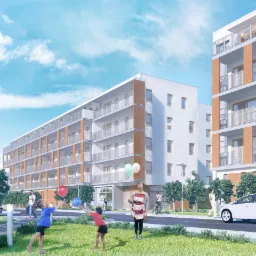 Wizualizacja nowoczesnego budynku mieszkalnego wielorodzinnego z balkonami, otoczonego zielenią i bawiącymi się dziećmi w słoneczny dzień.