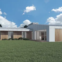 Wizualizacja nowoczesnego domu jednorodzinnego z płaskim dachem, wykończonego drewnem i betonem architektonicznym, na tle błękitnego nieba z chmurami i zielonego trawnika.