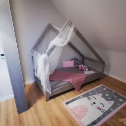 Szare łóżko dziecięce w kształcie domku z baldachimem, różowym kocykiem i poduszką z napisem 'Simplicity', na podłodze dywanik z motywem kota i gwiazdek, fragment drewnianej podłogi i szara kolumna.