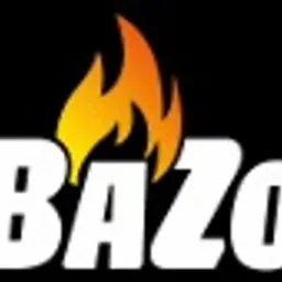 Logo firmy BAZO z płomieniem zamiast litery 'a', na czarnym tle.