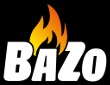 Logo firmy BAZO z płomieniem zamiast litery 'a', na czarnym tle.