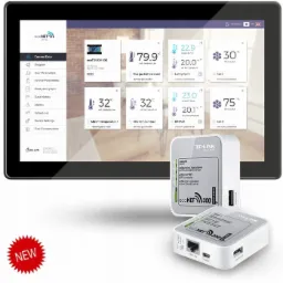 Panel sterowania systemu grzewczego ecoNET z widocznymi parametrami temperatury i pracy wentylatorów, obok dwa moduły ecoNET 300 firmy TP-Link z napisem 'nowość'.