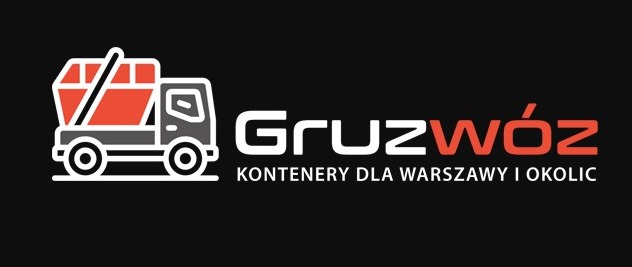 Logo firmy Gruzwóz z ikoną ciężarówki z kontenerem, oferującej kontenery dla Warszawy i okolic, na czarnym tle.