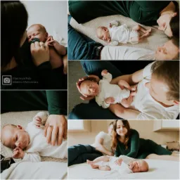 Montaż zdjęć noworodka z rodzicami: niemowlę w ramionach mamy, na brzuchu taty i leżące obok rodziców na łóżku.