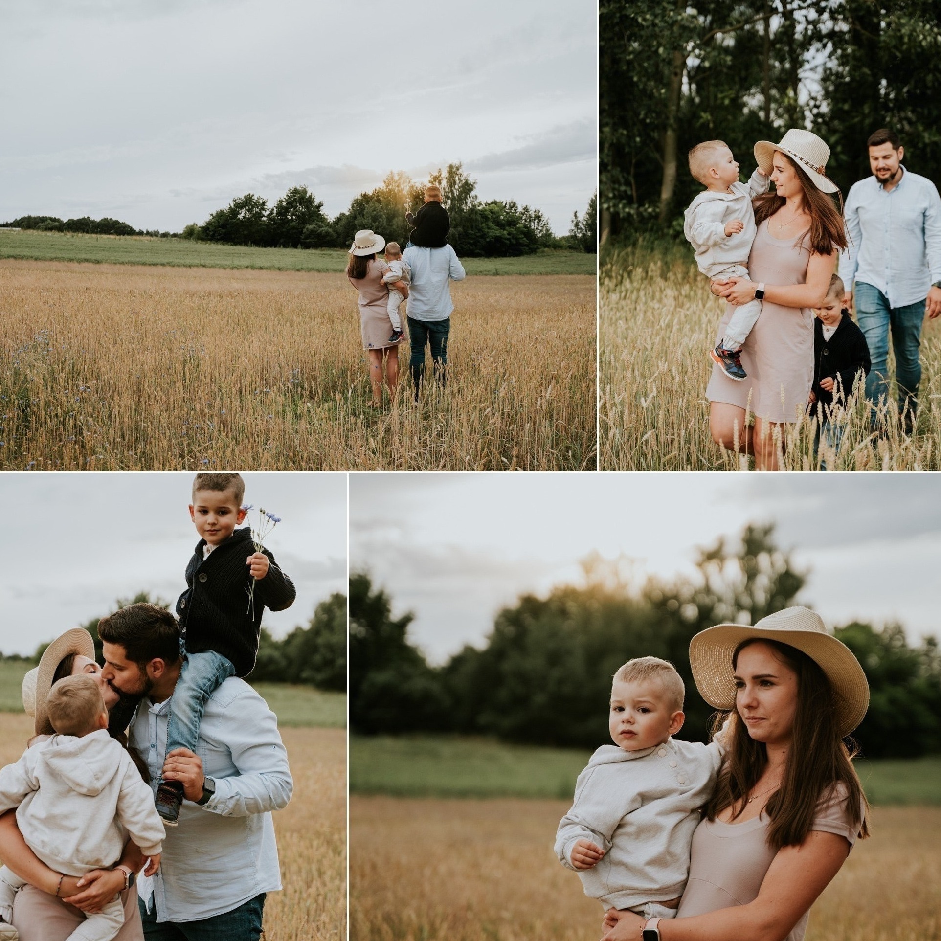Czteroobrazkowy kolaż przedstawiający rodzinę na tle pola zboża: rodzice z dwójką dzieci, w tym jeden niesiony na ramionach, w słomkowych kapeluszach, w zwiewnych ubraniach.